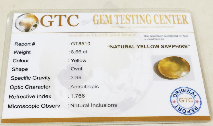 8.66 ct/9.50 ratti Natural Certified Bangkok Pukhraj/Yellow Sapphire